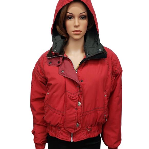 Vintage Obermeyer Snow Ski Bomber Jacket w Hood Full Zip Snap Red Insulated 10 - Picture 3 of 16